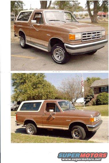 Brown 1987 Ford Bronco with white top and tan side trim, parked on asphalt