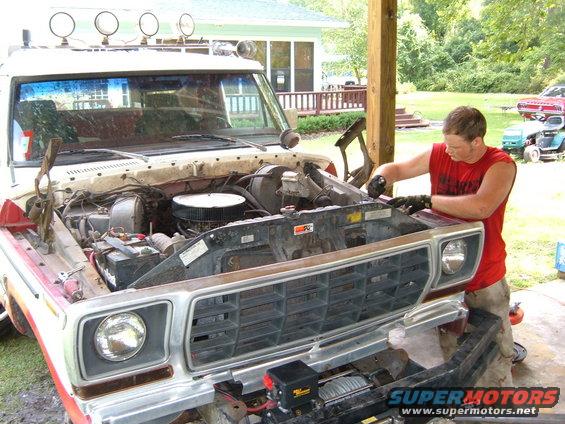 1978 Ford Bronco front view with hood open and engine exposed