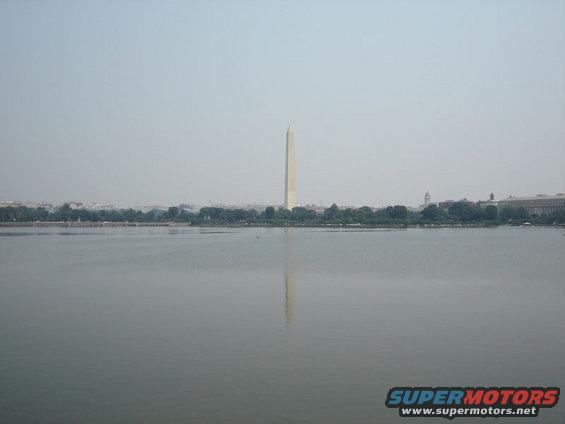 Washington Monument reflected in water with city skyline