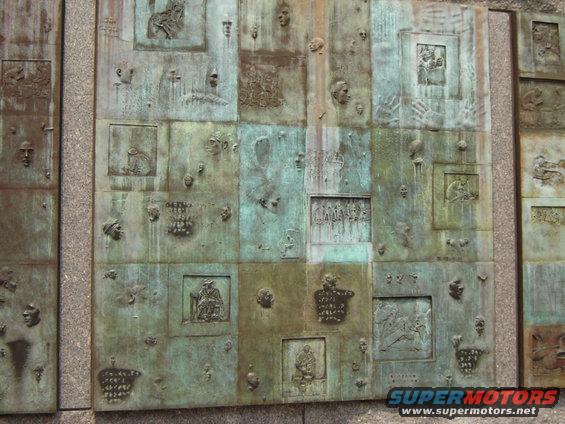 Bronze relief sculpture with numerous panels of faces and scenes