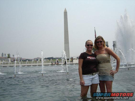 Two women in front of Washington Monument and fountains