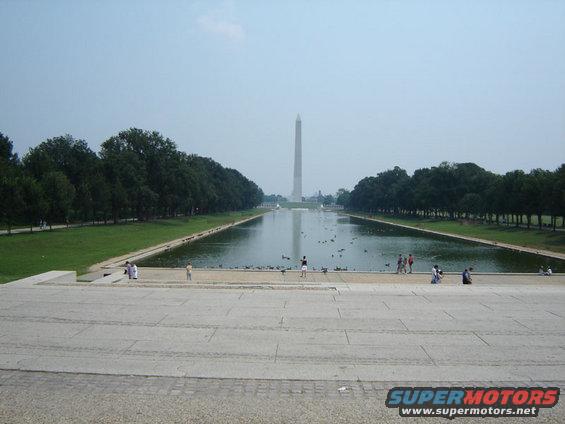 Washington Monument reflecting pool with trees and people