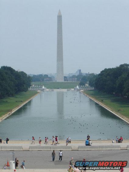 Washington Monument and Reflecting Pool with people walking nearby