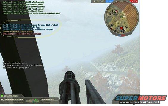 Video game screenshot showing a first-person perspective with in-game chat and a minimap