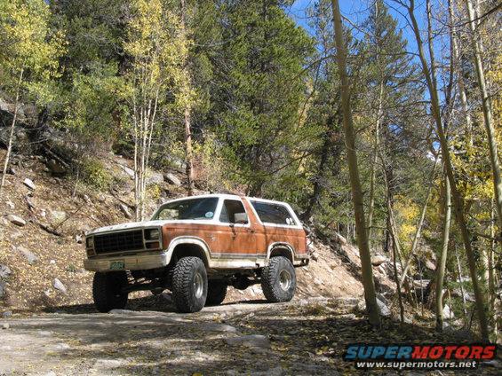 Brown and white Ford Bronco with lifted suspension and large tires on a dirt road
