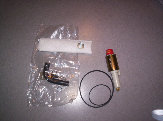 Fuel filter, elbow fitting, O-rings, and a brass fuel pump with a red cap