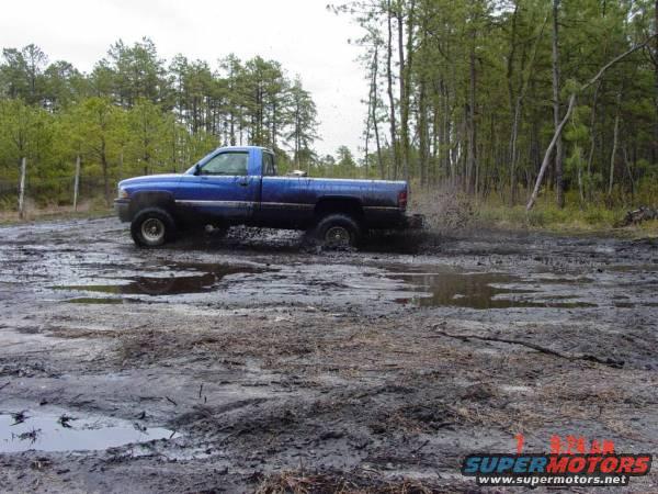 Blue 1995 Dodge 1500 pickup truck driving through a muddy field with trees in the background