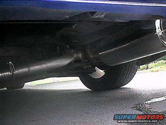 Underside of a blue car showing exhaust pipes and a tire