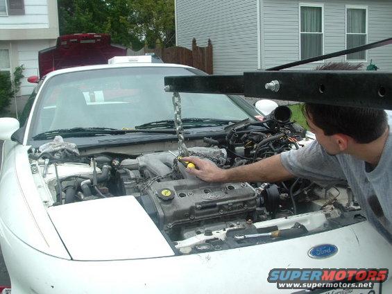 White 1996 Ford Probe with engine removed, being worked on by a person