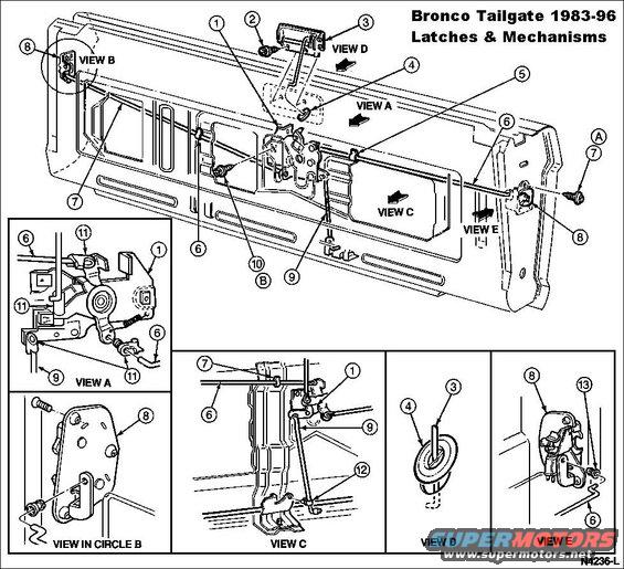 tailgate-latch-8396.jpg '83-96 Bronco Tailgate Latches

ERRORS: there are several 6s & 7s...

1 - Tailgate Latch Remote Control D8TZ-9843170-B (JBG [url=https://shop.broncograveyard.com/1980-1996-Ford-Bronco-Tailgate-Handle-Release-Assembly/productinfo/34520/]34520[/url])
2 - Screw 
3 - Tailgate Latch Release Handle 
4 - Plug Button 
5 - Rod Guide Clip 
6 - Remote-to-Latch Link Rod
7 - Screw and Washer; tighten to 3-8 N-m (2-6 Lb-Ft) 
8 - Tailgate Latch Bracket 
9 - Interlock Rod 
10 - Screw and Washer; tighten to 8-14 N-m (6-11 Lb-Ft) 
11 - Rod Retainer Clip 
12 - Guide Clip AuVeCo 23307
13 - Bushing

The torsion bar retainer (430A32) in View C is available from Dennis Carpenter as [url=https://www.dennis-carpenter.com/en/trucks/tailgate-amp-liftgate/tailgates/d8tz-98430a30-a-tg-counter-balance-torsion-bar]98430A30[/url]

For a writeup on installation & alignment, read this: 
http://www.fourdoorbronco.com/board/showthread.php?t=5224

[url=https://www.supermotors.net/vehicles/registry/media/546453][img]https://www.supermotors.net/getfile/546453/thumbnail/tgsections.jpg[/img][/url] . [url=https://www.supermotors.net/vehicles/registry/media/980125][img]https://www.supermotors.net/getfile/980125/thumbnail/xploded.jpg[/img][/url]