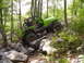 1995 Ford Bronco - A bright green Jeep navigates a rocky trail through a dense forest.