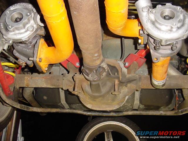 Underbody with twin turbochargers and orange exhaust pipes