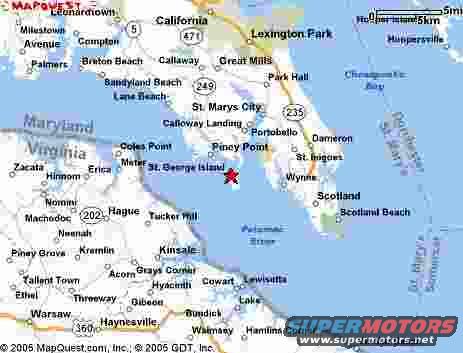Map showing St. George Island, Maryland with a red star marker