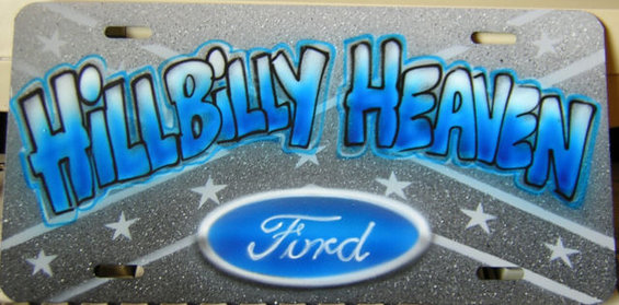 Custom license plate with 'Hillbilly Heaven' text and Ford logo