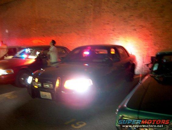 Dark police car with flashing lights, license plate visible