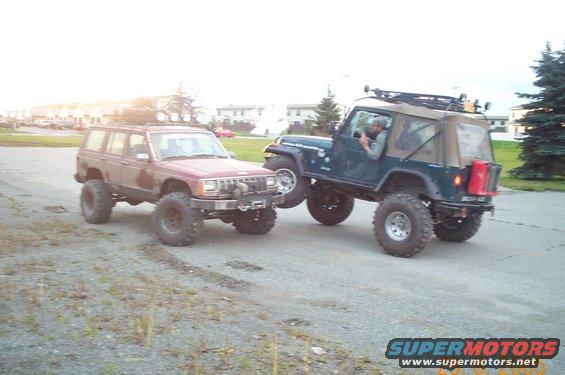 Red 1988 Jeep Cherokee with lifted suspension and off-road tires