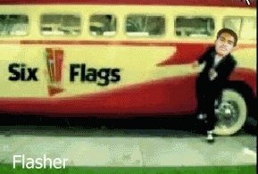 Six Flags bus with a man's face superimposed on a person running alongside