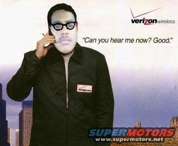 Man wearing glasses and a mustache speaks on a cell phone, with a Verizon Wireless logo and "Can you hear me now? Good." text