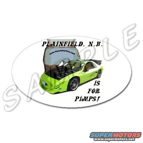 Lime green sports car with hood open, text says 'PLAINFIELD, N.H. is FOR Pimps!' and a website address
