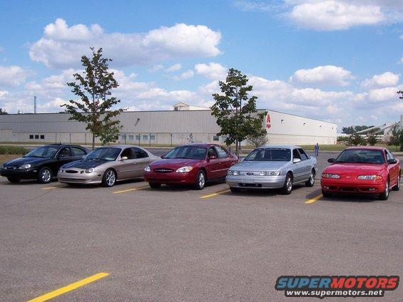 Five sedans parked in a lot, including a black, silver, red, silver, and red car
