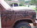 1982 Ford Bronco - Close-up of a rusted vehicle fender with camouflage paint, showing tire and part of hood.