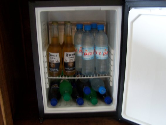 Mini-fridge stocked with Corona beer and bottled water