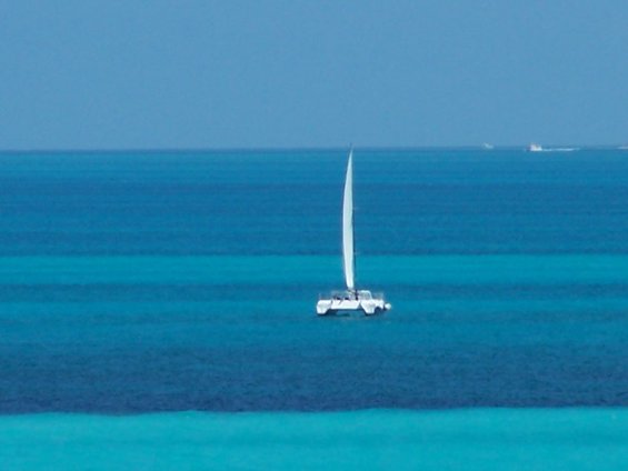White catamaran sailboat with a tall mast and sail on bright blue ocean water
