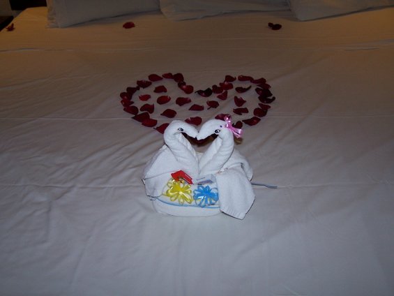 Two white towel swans facing each other on a bed, with rose petals arranged in a heart shape behind them