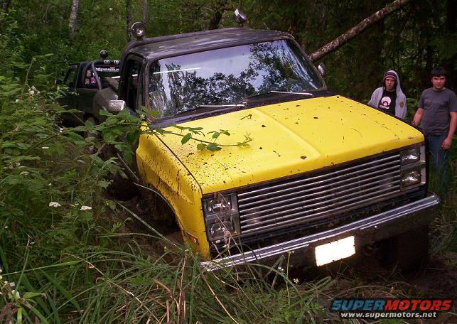 Yellow pickup truck with black top stuck in woods, another dark truck behind it. Two guys stand nearby