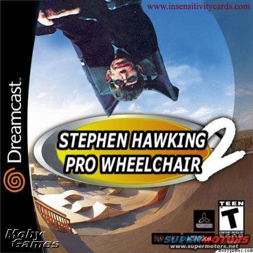Stephen Hawking in a wheelchair performing a stunt