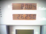 Gas pump shows 80.04 dollars and 26.250 gallons