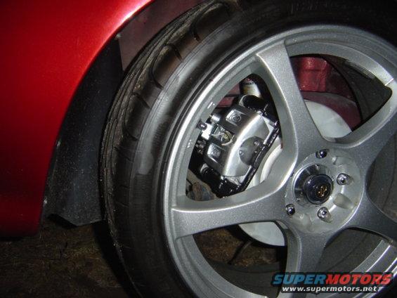 Red car fender over a silver alloy wheel and a silver brake caliper
