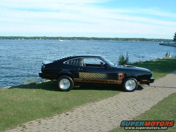 Black 1978 Ford Mustang II Cobra II parked by a lake