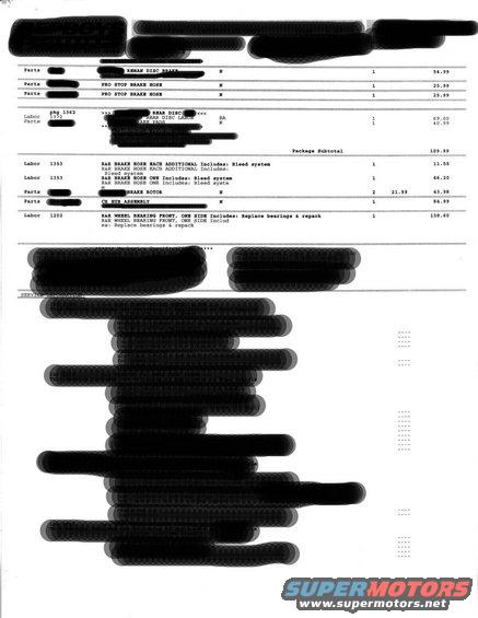 Vehicle repair bill with parts and labor listed, some sections redacted
