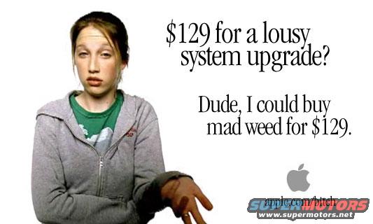 Woman with a bored expression, grey hoodie, green shirt, with text "$129 for a lousy system upgrade? Dude, I could buy mad weed for $129."