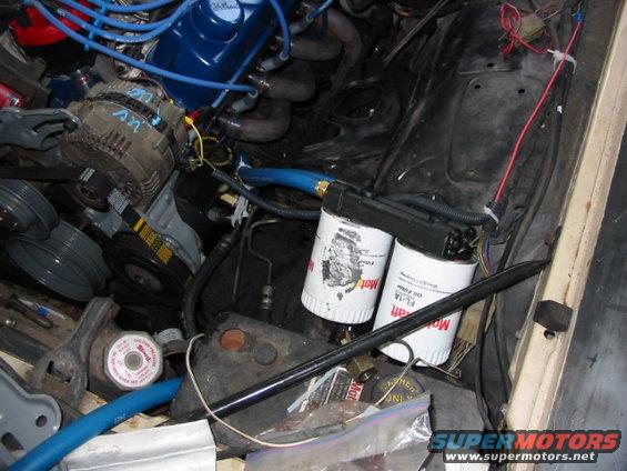 engine bay showing two oil filters, alternator, and various hoses and wires