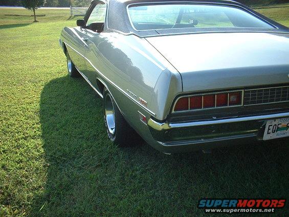 Silver car parked on grass, rear view. Chrome bumper, rectangular taillights, and a black vinyl roof are visible