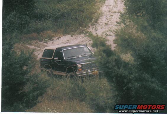 Black 1980s Ford Bronco driving on a dirt path through foliage