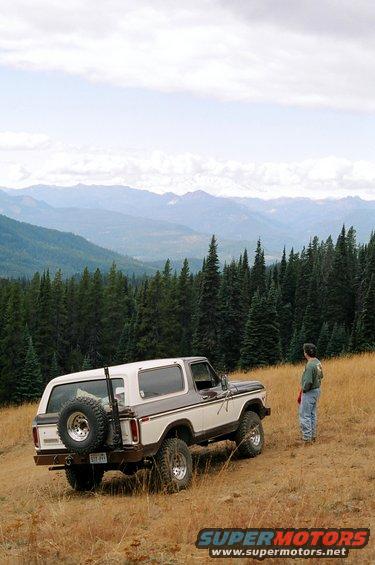 1979 Ford Bronco parked on a grassy hill with mountains and pine trees in the background. A person stands nearby