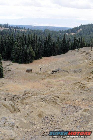Rocky, barren landscape with pine forest in background and a distant figure