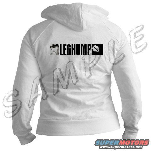 white hoodie with "LEGHUMP" text and a dog graphic