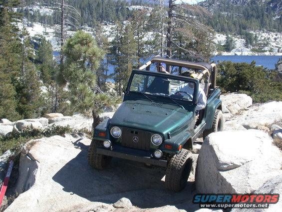Green Jeep Wrangler on rocky terrain near a lake