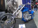 Blue custom motorcycle, side view