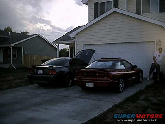 Red sports car with a spoiler and sunroof, license plate 555-SPJ. Black sports car with trunk open