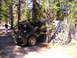 1989 Ford Bronco - An off-road vehicle is stuck on a large rock with trees on either side, while a person stands nearby.