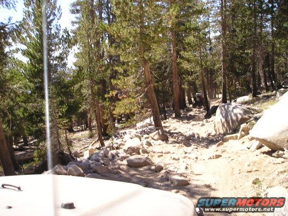 Off-road trail through a forest with rocks and trees; two vehicles visible in the distance