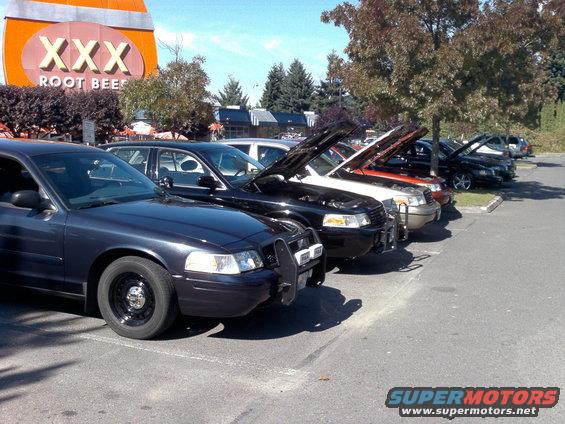 Dark blue Ford Crown Victoria with black steel wheels and a push bar, parked in a lot