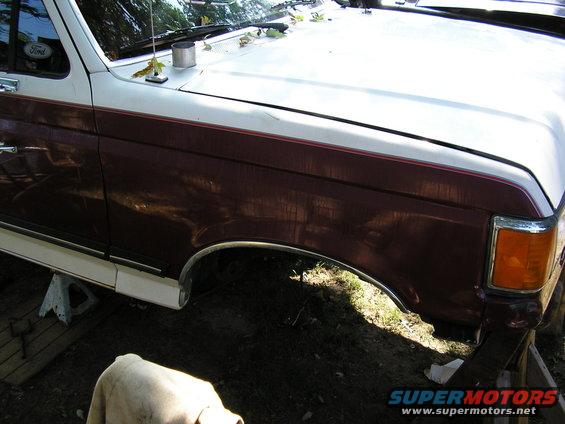 1991 Ford Bronco front fender and hood, two-tone maroon and white