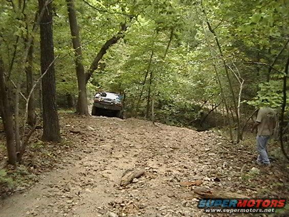 Off-road vehicle climbing a dirt path in a wooded area