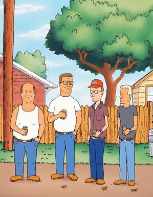 Four animated men stand in front of a wooden fence and a large tree